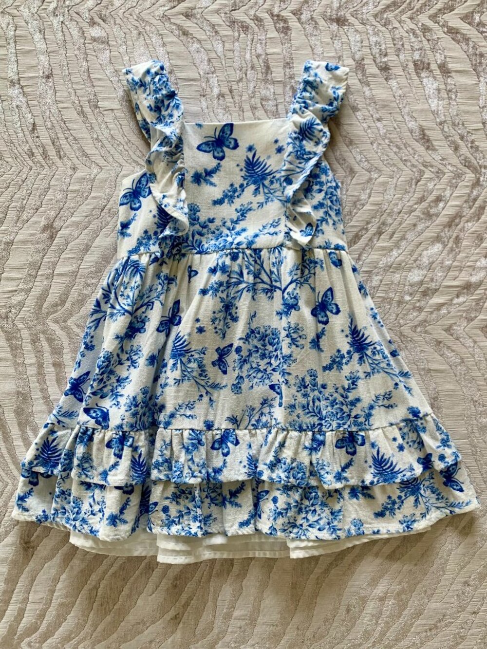 Whimsical Blue Toile Butterfly Ruffle Tiered Girls 4T Dress